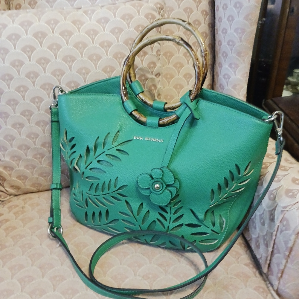 Dana Buchman Green Tote, Bamboo Handled Faux Leather Crossbody Bag NWT